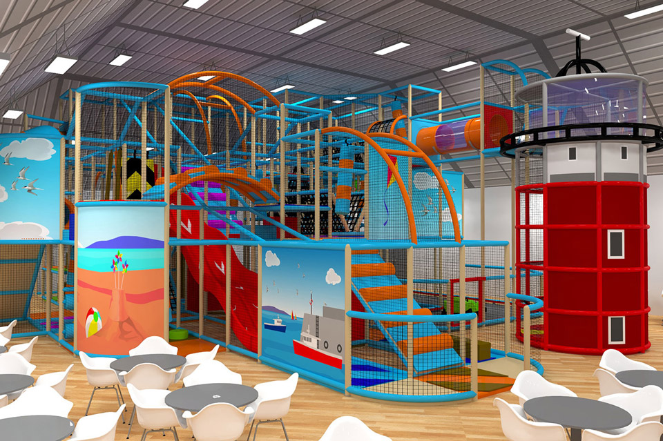 Indoor children's play area featuring a multi-level climbing frame with slides, tunnels, and vibrant colours, designed for active play and exploration.
