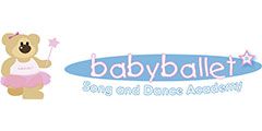 Logo of Babyballet Song and Dance Academy featuring a cute bear in a pink tutu holding a wand, with the name "babyballet" in playful pink lettering and a blue oval background.