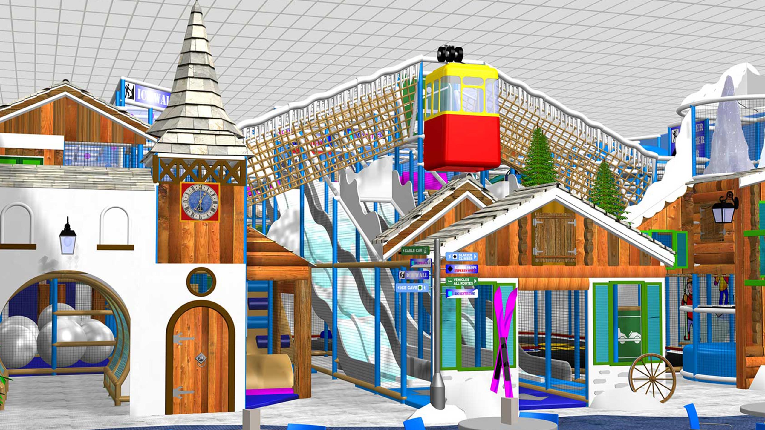 Colourful indoor play area featuring a variety of slides, climbing structures, and themed buildings, designed for children's entertainment and adventure.