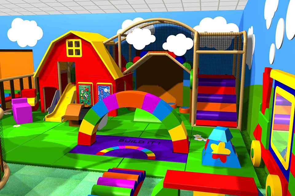 Colourful indoor play area featuring a red barn structure, slides, climbing frames, and soft play shapes. Ideal for children's recreation and imaginative play.