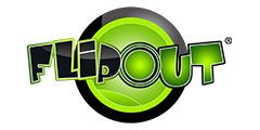 Logo of Flip Out, a popular trampoline park brand, featuring bold green and black typography with a circular design.