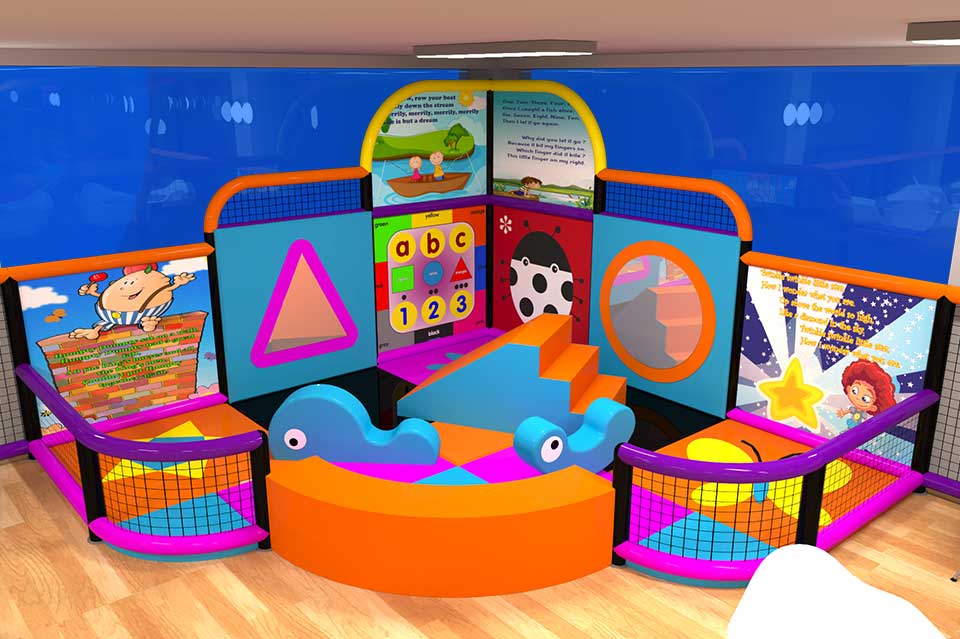 Colourful children's play area featuring interactive learning panels, soft play shapes, and climbing structures designed for early childhood development and engagement.