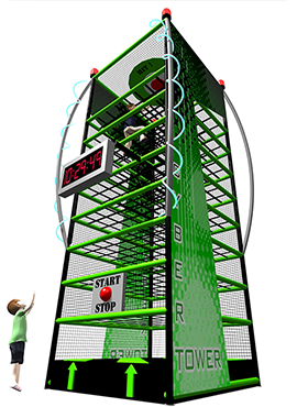 Child interacting with a green climbing frame featuring a timer, designed for physical activity and fitness challenges. The structure includes a start and stop button, encouraging kids to engage in fun exercise.