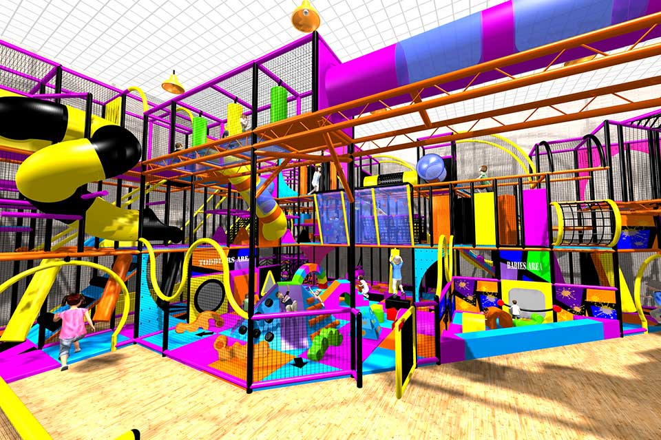 Colourful indoor play area featuring climbing frames, slides, and various interactive play structures designed for children's entertainment and physical activity.