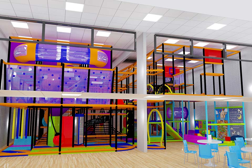 Indoor children's play area featuring a multi-level climbing frame with vibrant colours, slides, and interactive play equipment, designed to encourage physical activity and imaginative play.