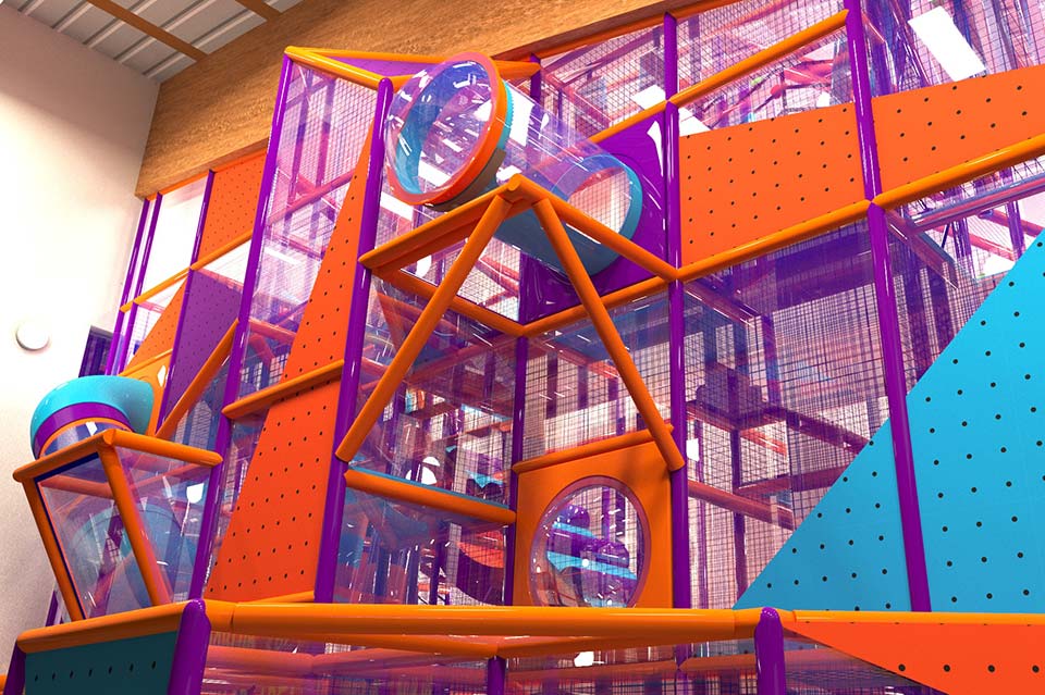 Brightly coloured indoor play structure featuring climbing frames, tunnels, and slides in purple, orange, and blue hues, designed for children's entertainment and physical activity.