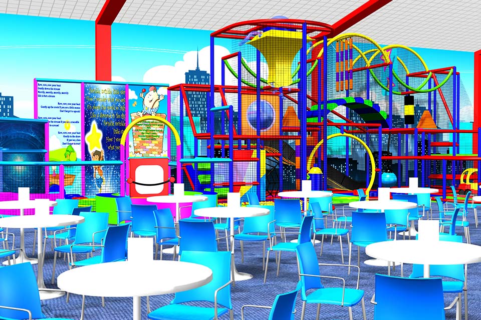 Bright and colourful indoor play area with a large play structure featuring slides and climbing features, accompanied by blue and white tables and chairs for families.