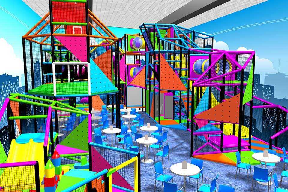 Brightly coloured indoor play area featuring a variety of climbing structures, slides, and seating arrangements. The vibrant design includes geometric shapes and is ideal for children's entertainment and activities.