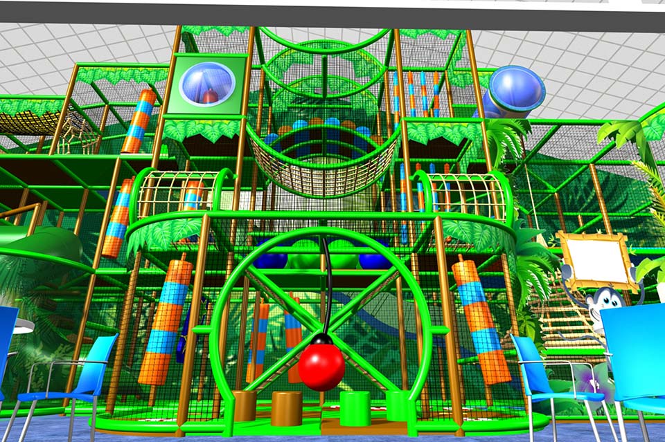 Colourful indoor play area featuring a multi-level climbing frame with slides, tunnels, and interactive elements, designed for children's entertainment and physical activity.