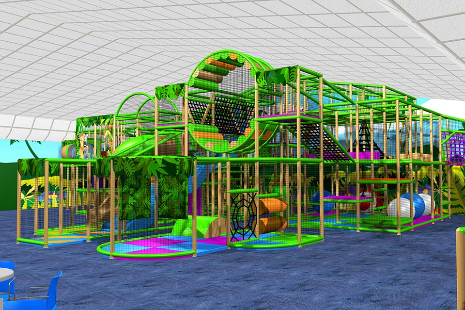 Indoor children's play area featuring a vibrant jungle-themed climbing structure with slides, tunnels, and various play zones designed for active fun and exploration.