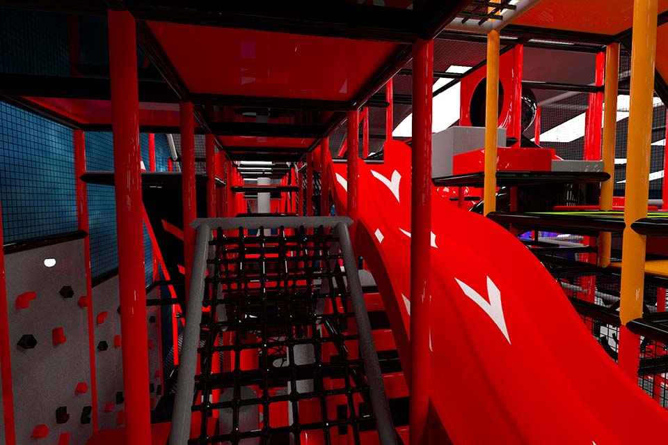 Indoor play area featuring a vibrant red climbing structure with netted pathways and slides, designed for children's active play and exploration.