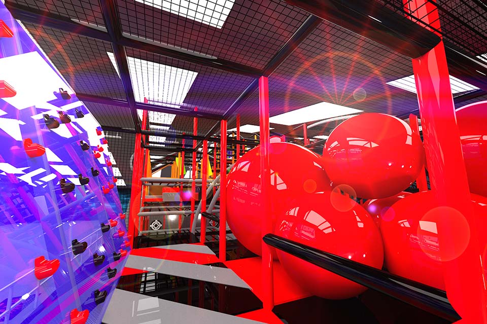 Vibrant indoor play area featuring large red inflatable balls, interactive climbing structures, and colourful lighting, designed for children's entertainment and active play.