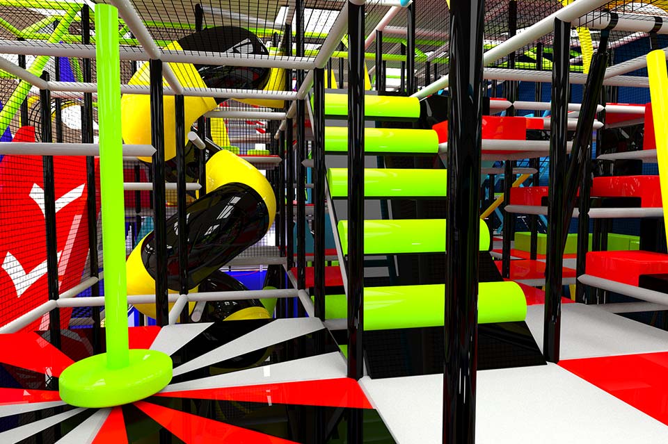 Brightly coloured indoor play area featuring climbing frames, slides, and stairs in vibrant yellow and green, designed for children's entertainment and physical activity.
