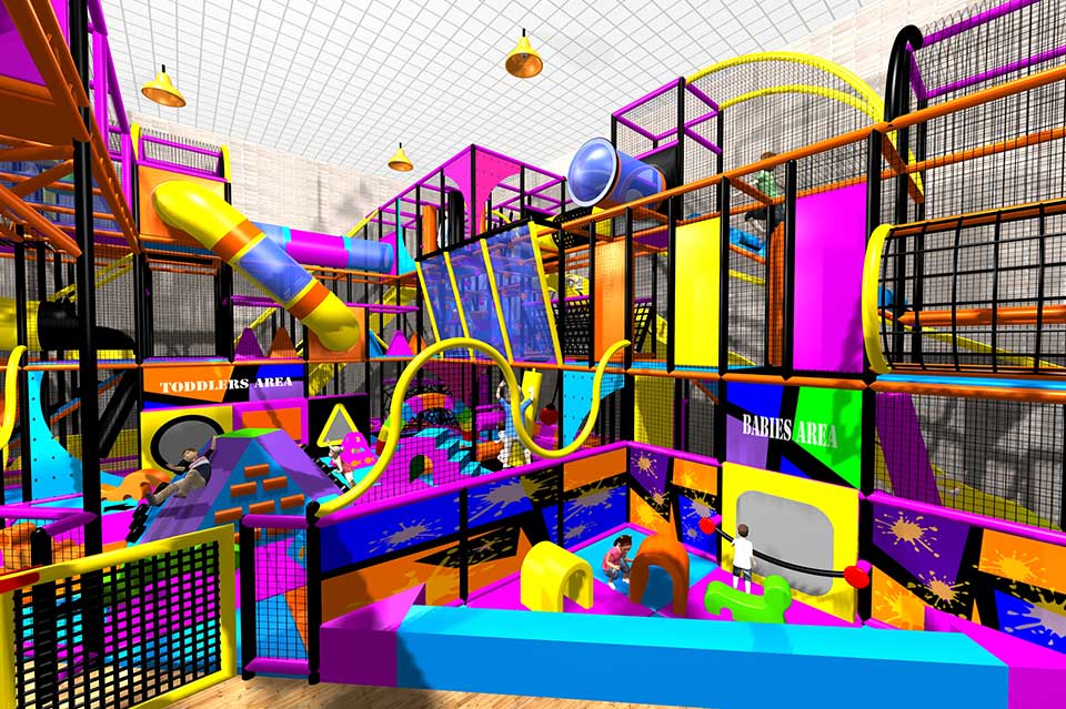 A vibrant indoor play area featuring colourful climbing structures, slides, and soft play equipment, designed for children's entertainment and physical activity.