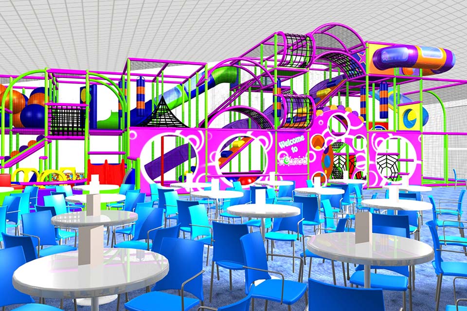 Interior of a vibrant children's play area featuring colourful climbing frames, slides, and a dining space with blue tables and chairs, designed for family entertainment and fun activities.