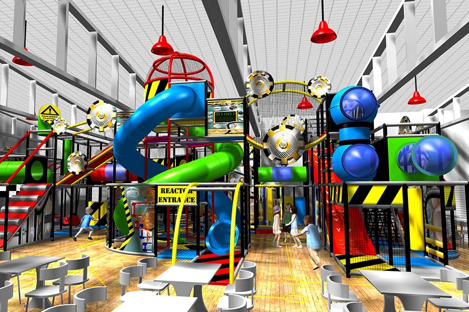 Colourful indoor play area featuring climbing structures, slides, and tunnels designed for children's entertainment and physical activity. The space is bright and spacious, with safety features and seating areas for parents.