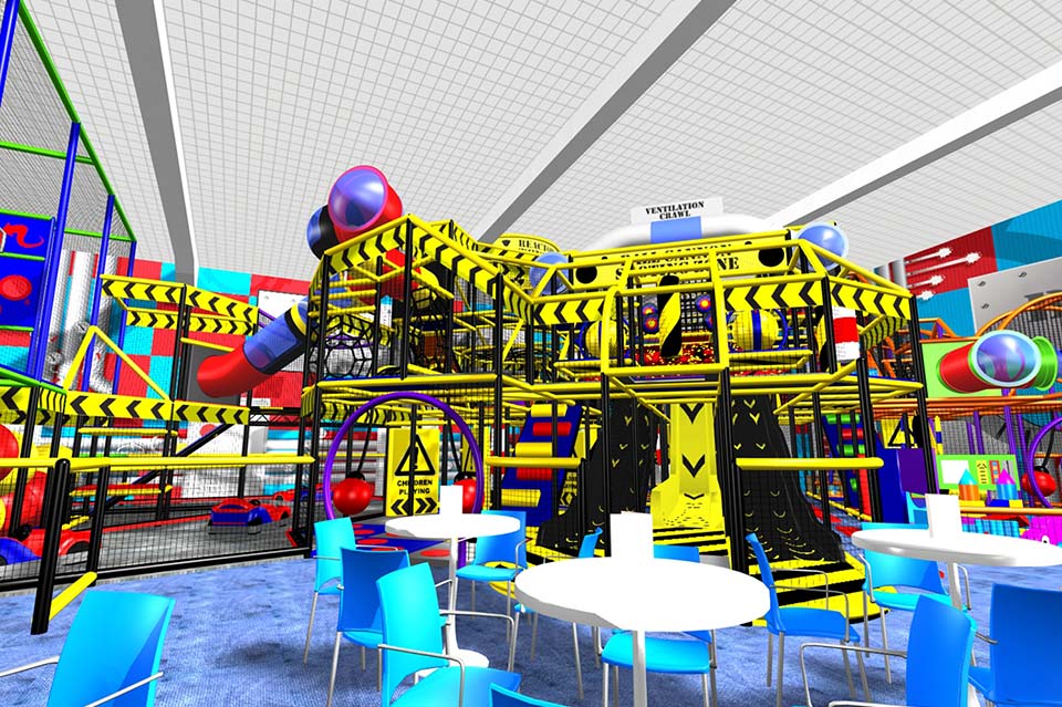 Colourful indoor play area featuring a multi-level climbing frame with slides and tunnels, designed for children's entertainment and physical activity. The bright yellow and red structure is complemented by blue seating, creating a vibrant and inviting environment for kids to explore and play.