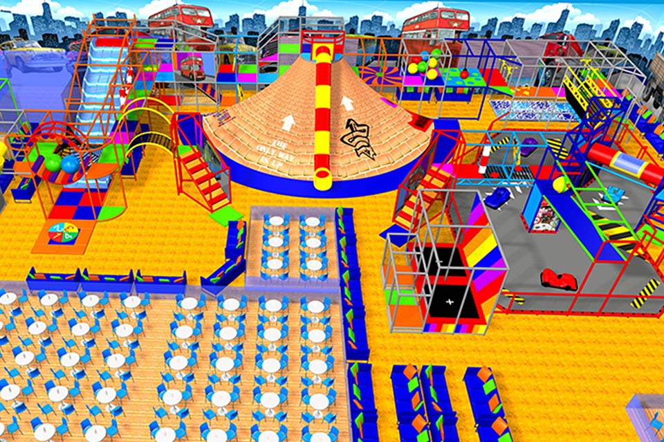 Colourful indoor play area featuring climbing structures, slides, and seating arrangements for children and families. The vibrant design includes a large central play structure and various activity zones, creating an engaging environment for kids to explore and enjoy.