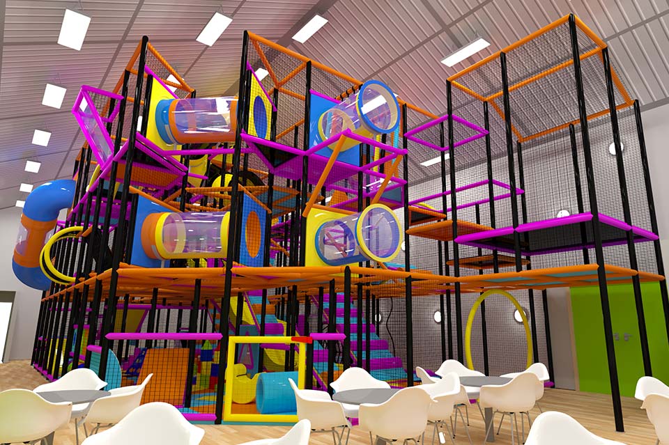 Brightly coloured indoor play area featuring multi-level climbing frames, tunnels, and slides, designed for children's entertainment and physical activity.