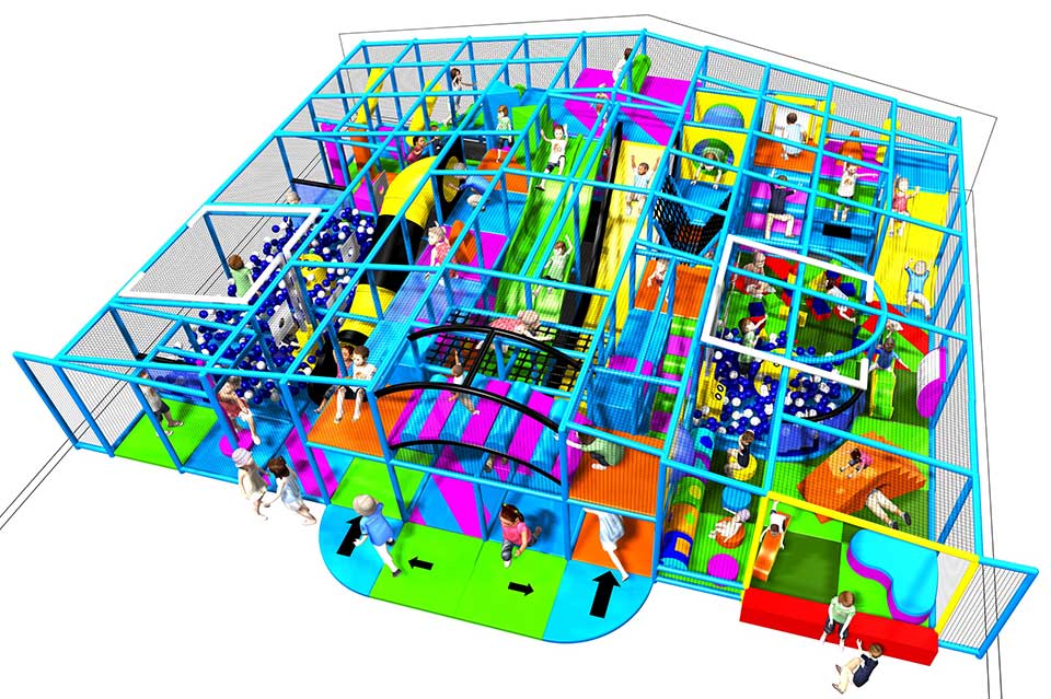 Colourful indoor play area featuring various slides, climbing structures, and interactive zones for children, designed for safe and engaging play.
