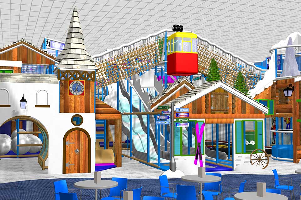 Indoor amusement park featuring colourful play structures, a large water slide, and a gondola ride, surrounded by themed buildings and seating areas.