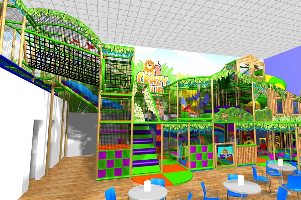 Indoor children's play area featuring a multi-level climbing frame with slides, tunnels, and vibrant decorations, designed for active play and social interaction.
