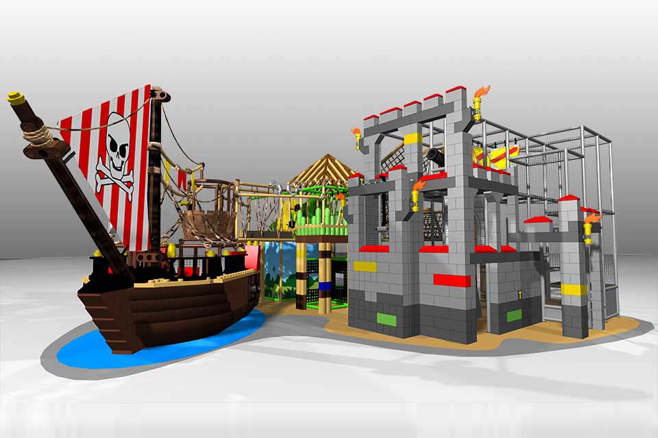 Colourful pirate-themed play area featuring a wooden ship, a fortress, and various structures made from building blocks, designed for children's imaginative play.