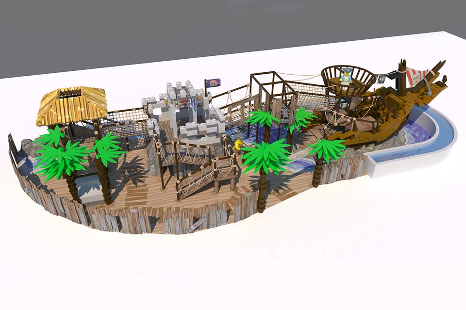 Playground design featuring a pirate-themed adventure area with wooden structures, palm trees, and a ship, ideal for children's imaginative play.