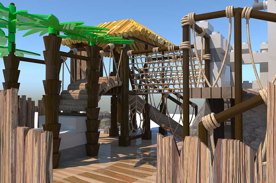 Playground structure designed like a pirate ship, featuring wooden beams, a thatched roof, climbing nets, and palm tree decorations, set against a clear blue sky.