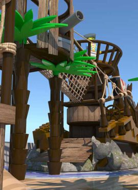 Playground pirate ship structure featuring wooden planks, ropes, and palm trees against a clear blue sky, designed for children's outdoor play.