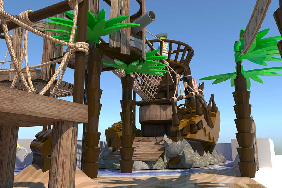 Playground pirate ship structure featuring wooden planks, ropes, and palm trees against a clear blue sky, designed for children's outdoor play.