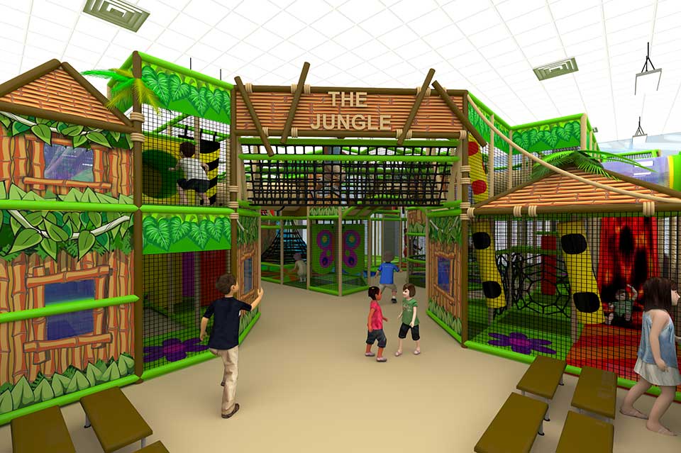 Indoor children's play area named "The Jungle," featuring climbing structures, slides, and vibrant jungle-themed decor. Families and children are engaged in play within a spacious, safe environment.
