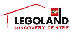 Logo of LEGOLAND Discovery Centre featuring the iconic LEGO logo, emphasising a family-friendly attraction focused on creativity and play with LEGO bricks.