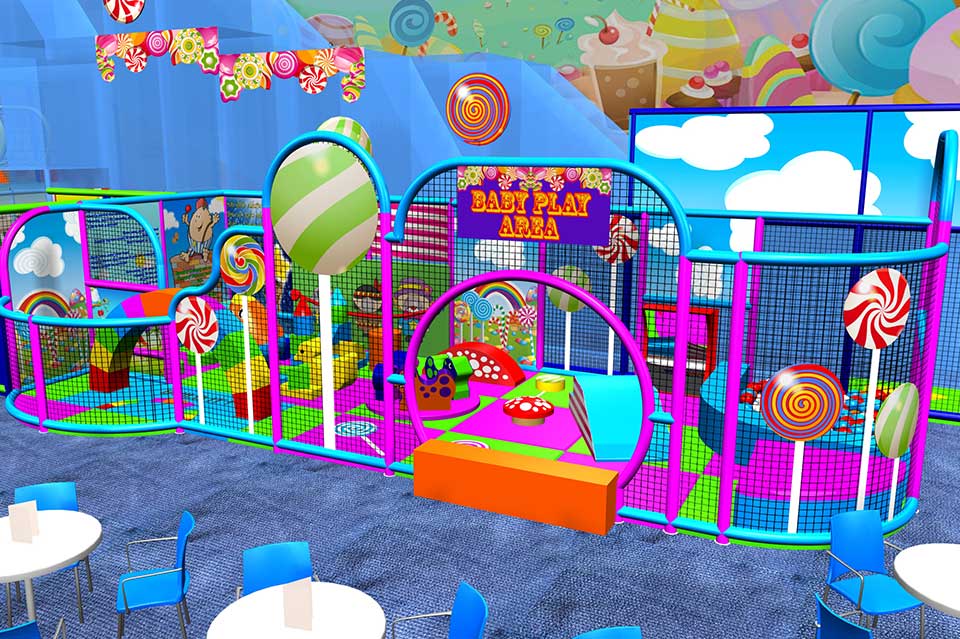 Bright and colourful indoor play area designed for young children, featuring various play structures, soft toys, and vibrant decorations. Ideal for birthday parties and children's entertainment.