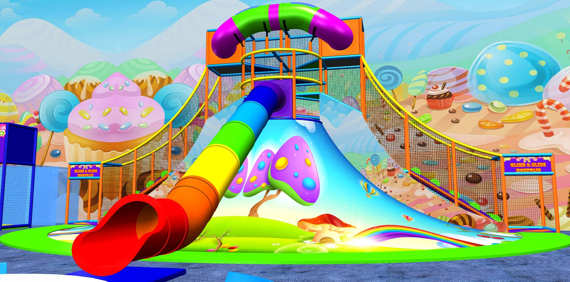 Colourful children's playground featuring a large rainbow slide, whimsical tree decorations, and a vibrant, cartoonish landscape. Ideal for outdoor fun and imaginative play.
