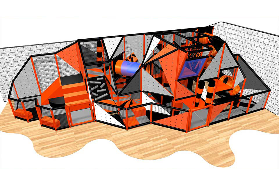 Colourful indoor play area design featuring geometric shapes, climbing structures, and interactive elements in orange, black, and grey. Ideal for children's entertainment and physical activity.