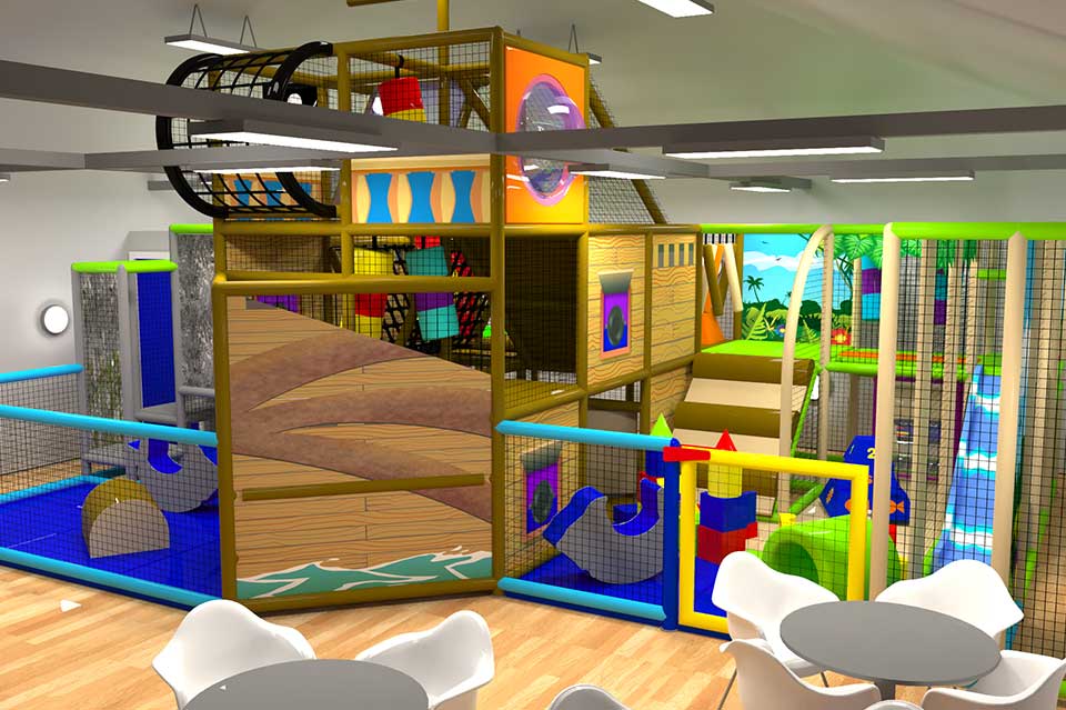 Indoor children's play area featuring colourful climbing structures, slides, and soft play equipment designed for safe and engaging play. The space includes seating areas for parents and guardians, promoting a family-friendly environment.