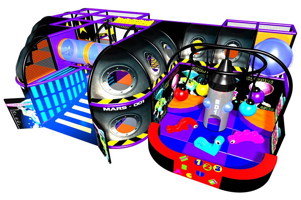 Colourful indoor play area featuring a variety of engaging activities, including slides, tunnels, and interactive play structures designed for children. The vibrant design encourages imaginative play and physical activity in a safe environment.