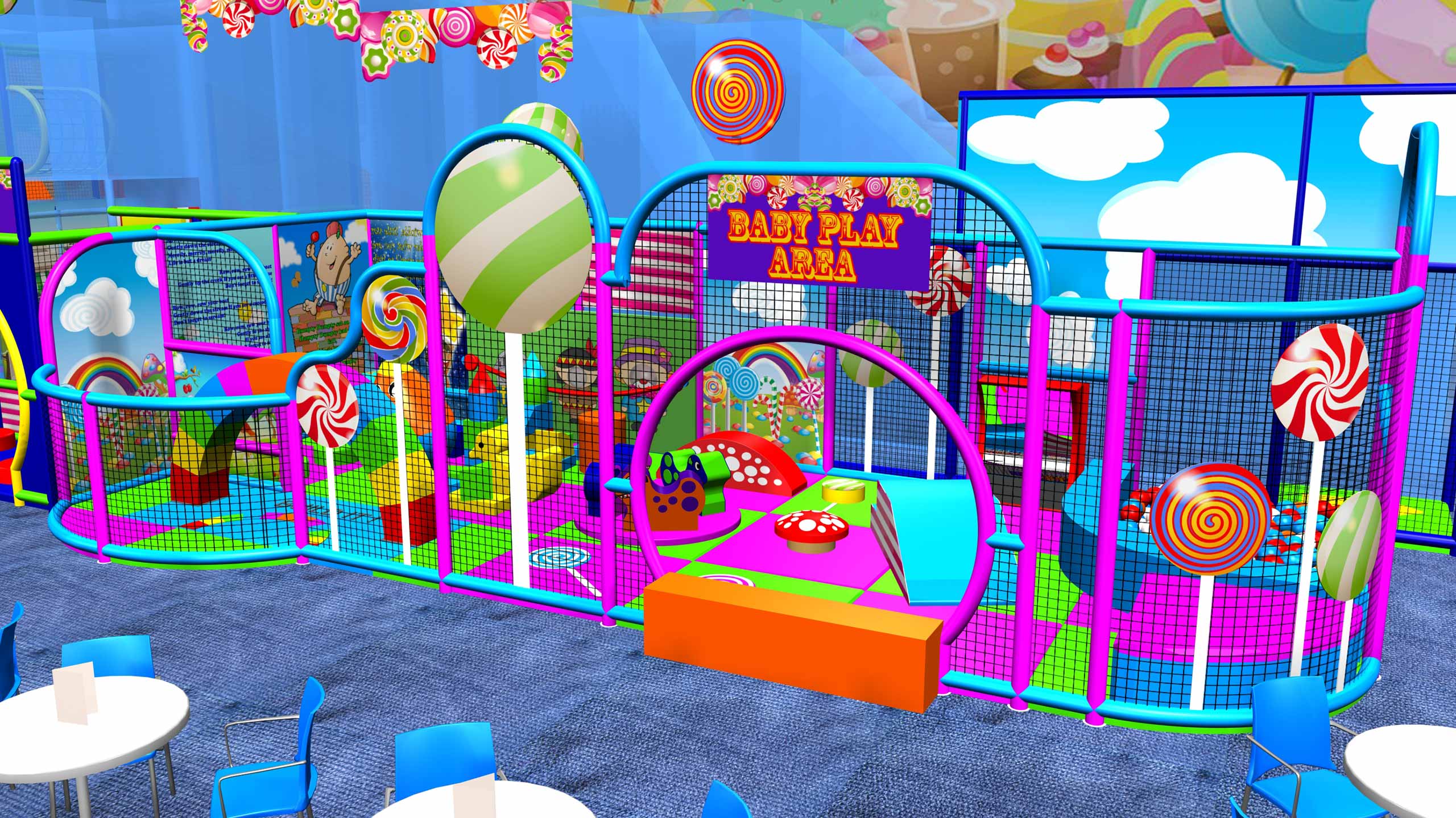 Brightly coloured indoor play area designed for toddlers, featuring soft play equipment, candy-themed decorations, and various climbing structures. Ideal for children's entertainment and physical activity.