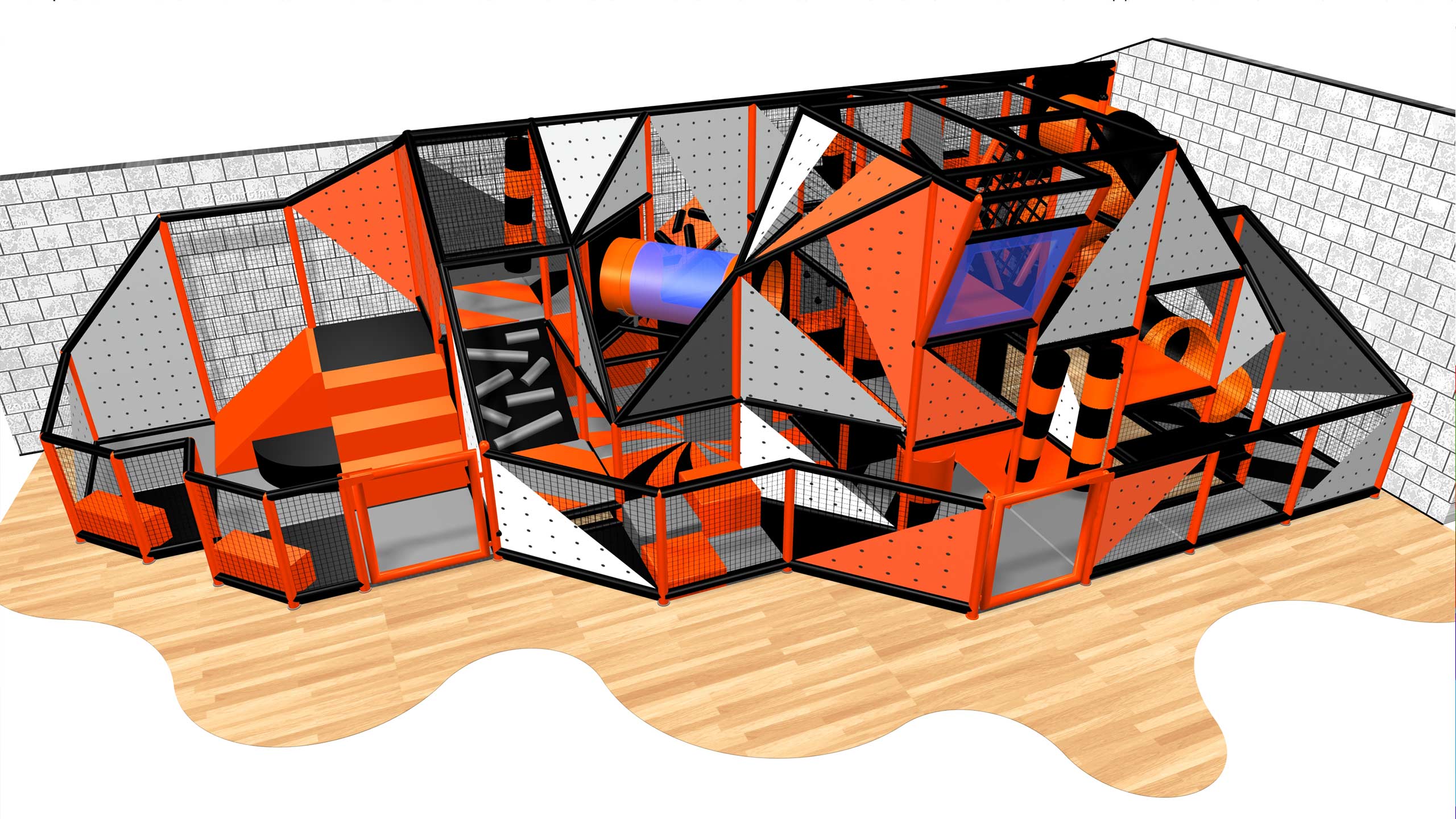 Modern indoor play structure designed with vibrant orange and black geometric shapes, featuring various climbing, sliding, and interactive elements for children's entertainment and physical activity.