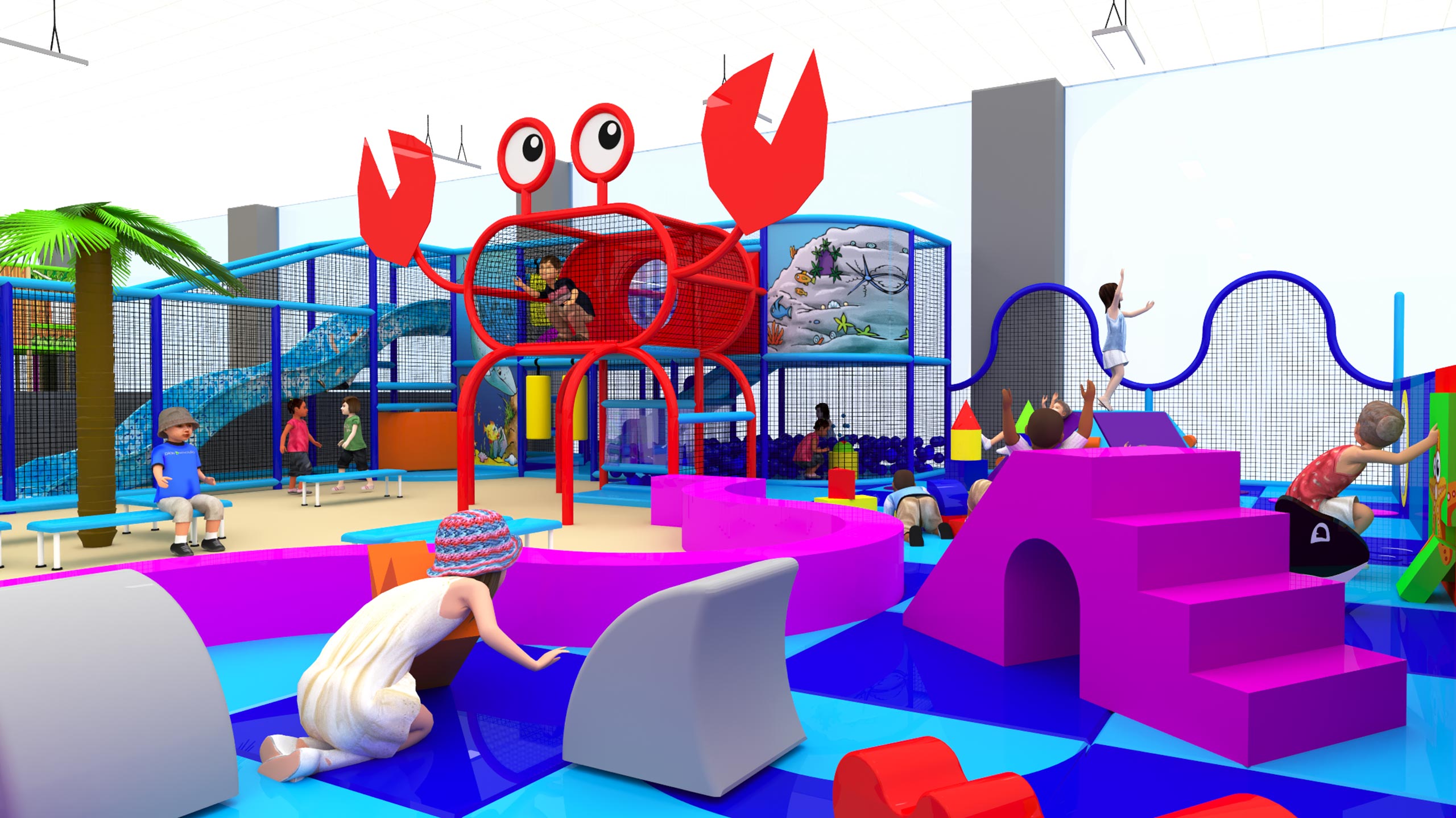 Colourful indoor children's play area featuring a large red crab structure, soft play equipment, and various climbing and sliding features. Children are engaged in play on vibrant blue, pink, and purple mats, creating a lively and fun atmosphere.