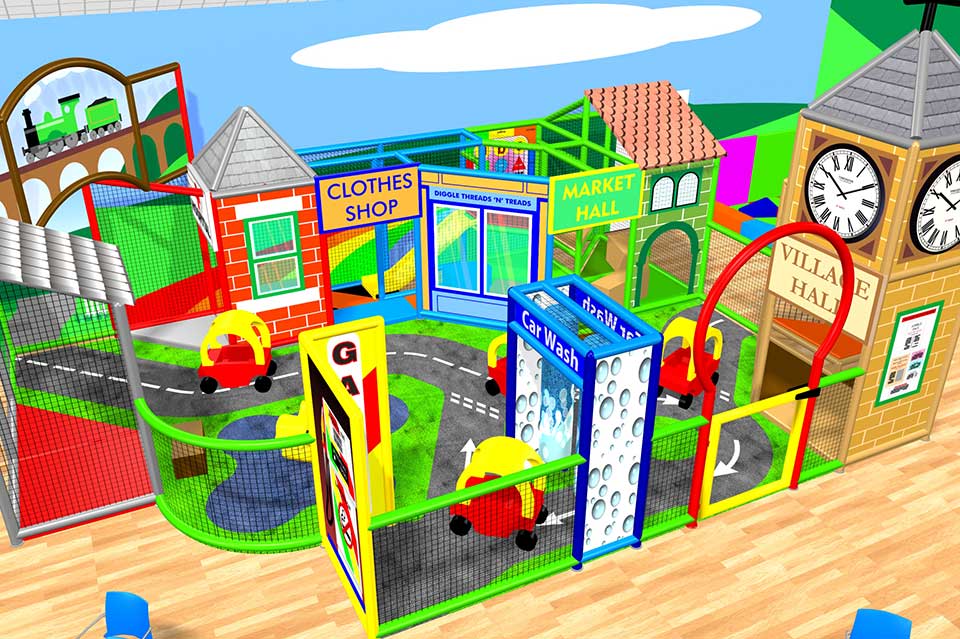 Colourful children's play area featuring a miniature village with a clothes shop, market hall, village hall, and car wash, surrounded by a road for toy cars. Ideal for imaginative play and social interaction.